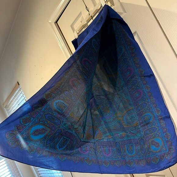 VTG Large Square Silk Cobalt Blue Teal Purple Jewel Toned Paisley Mosaic Scarf - Picture 13 of 16